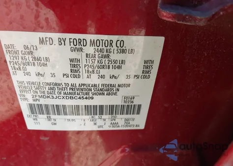 2013 Ford Edge Sel from USA, damaged, VIN 2FMDK3JCXDBC45409